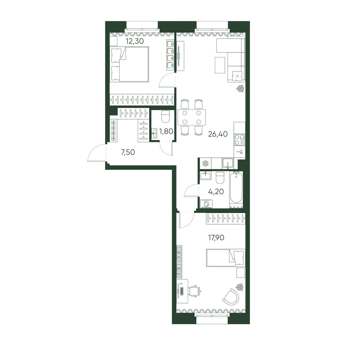 Планировка 2-комнатная 70,1 м² в ЖК «Моисеенко 10» — Моисеенко 10