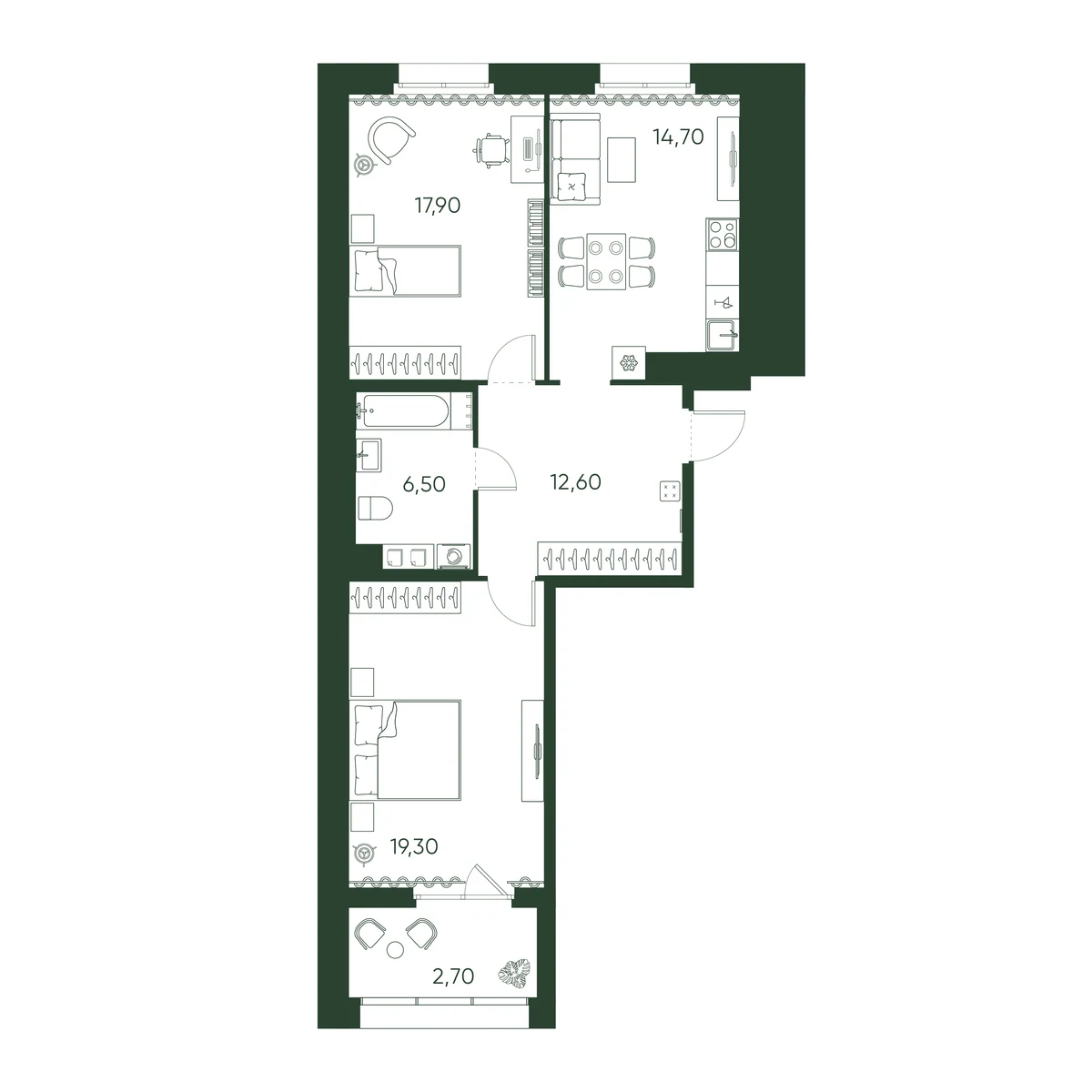 Планировка 2-комнатная 73,7 м² в ЖК «Моисеенко 10» — Моисеенко 10