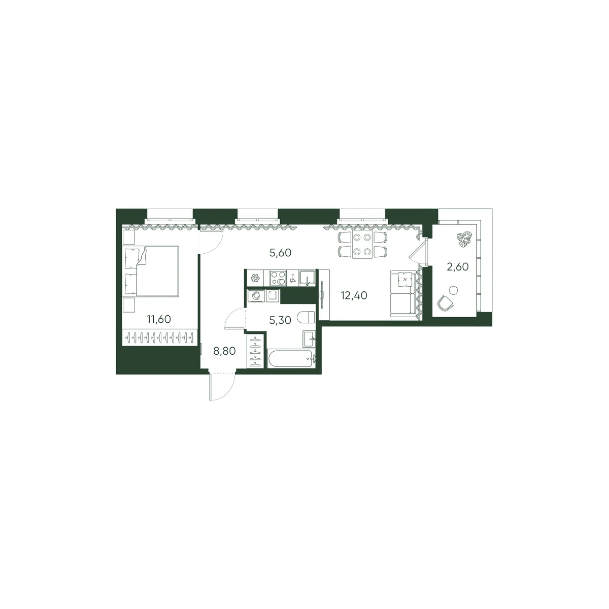 Планировка 1-комнатная 46,3 м² в ЖК «Моисеенко 10» — Моисеенко 10