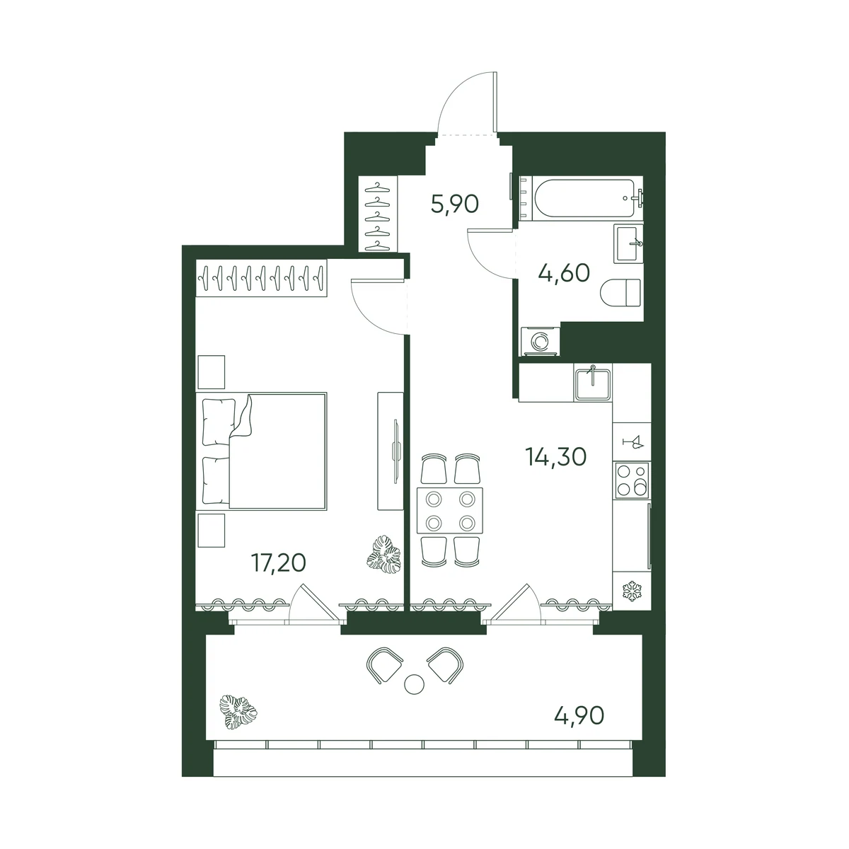 Планировка 1-комнатная 46,9 м² в ЖК «Моисеенко 10» — Моисеенко 10