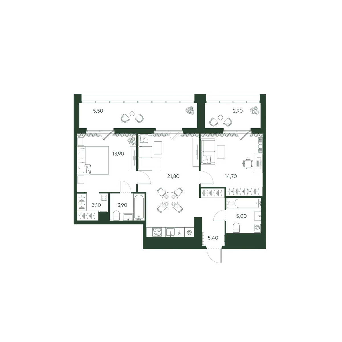 Планировка 2-комнатная 76,2 м² в ЖК «Моисеенко 10» — Моисеенко 10