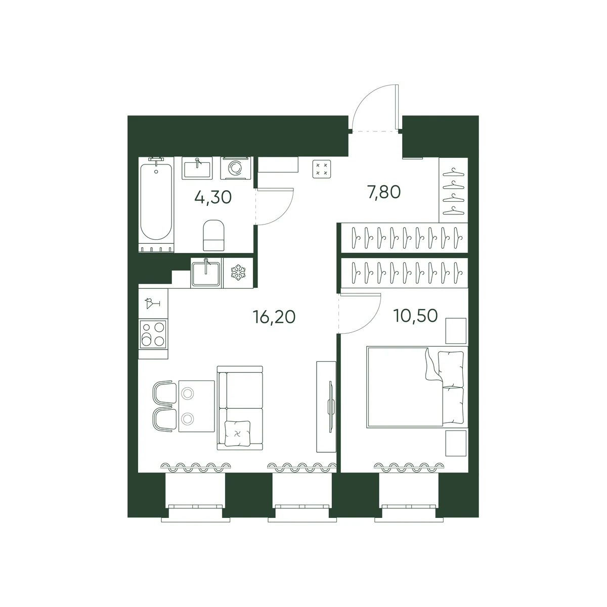 Планировка 1-комнатная 38,8 м² в ЖК «Моисеенко 10» — Моисеенко 10