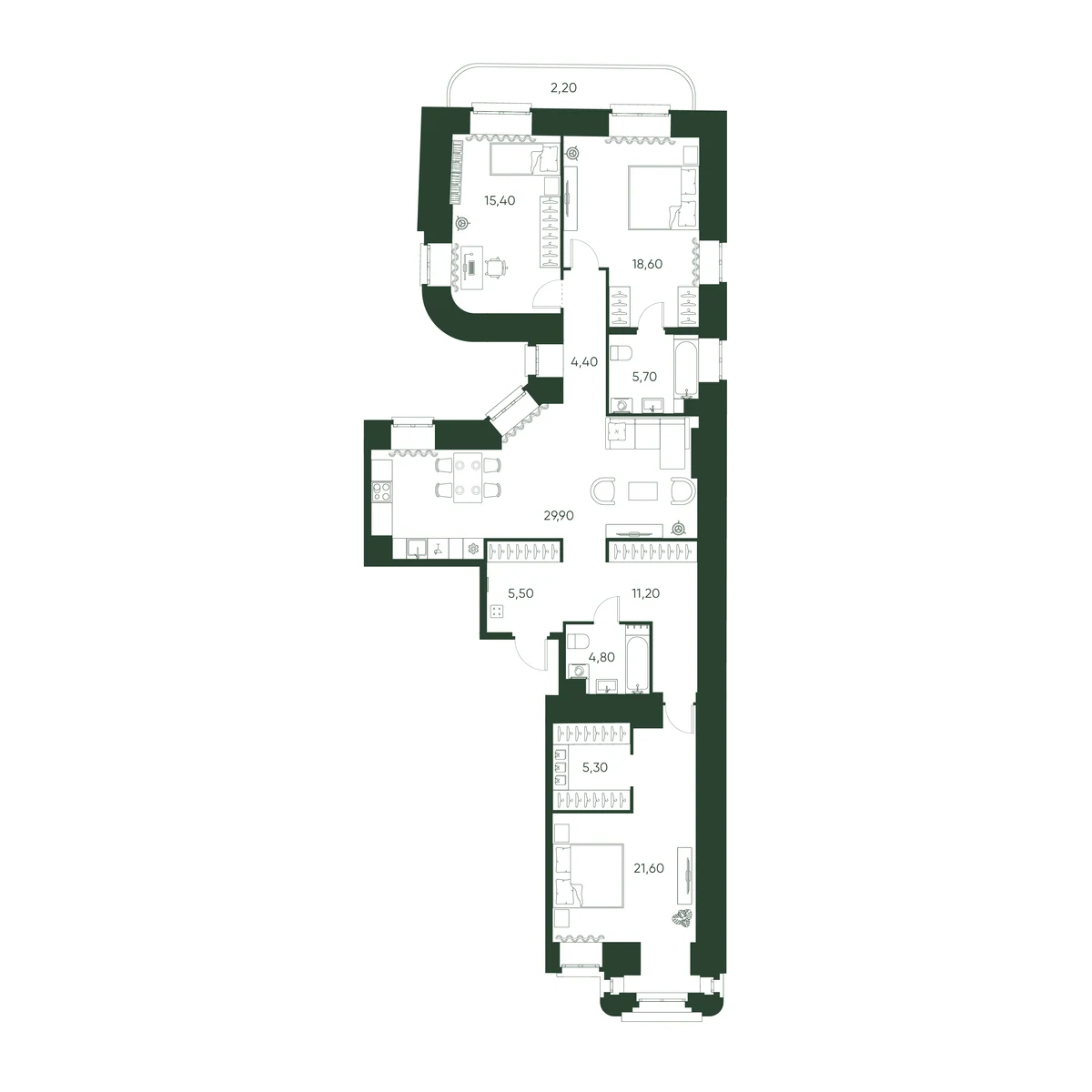 Планировка 3-комнатная 124,6 м² в ЖК «Моисеенко 10» — Моисеенко 10
