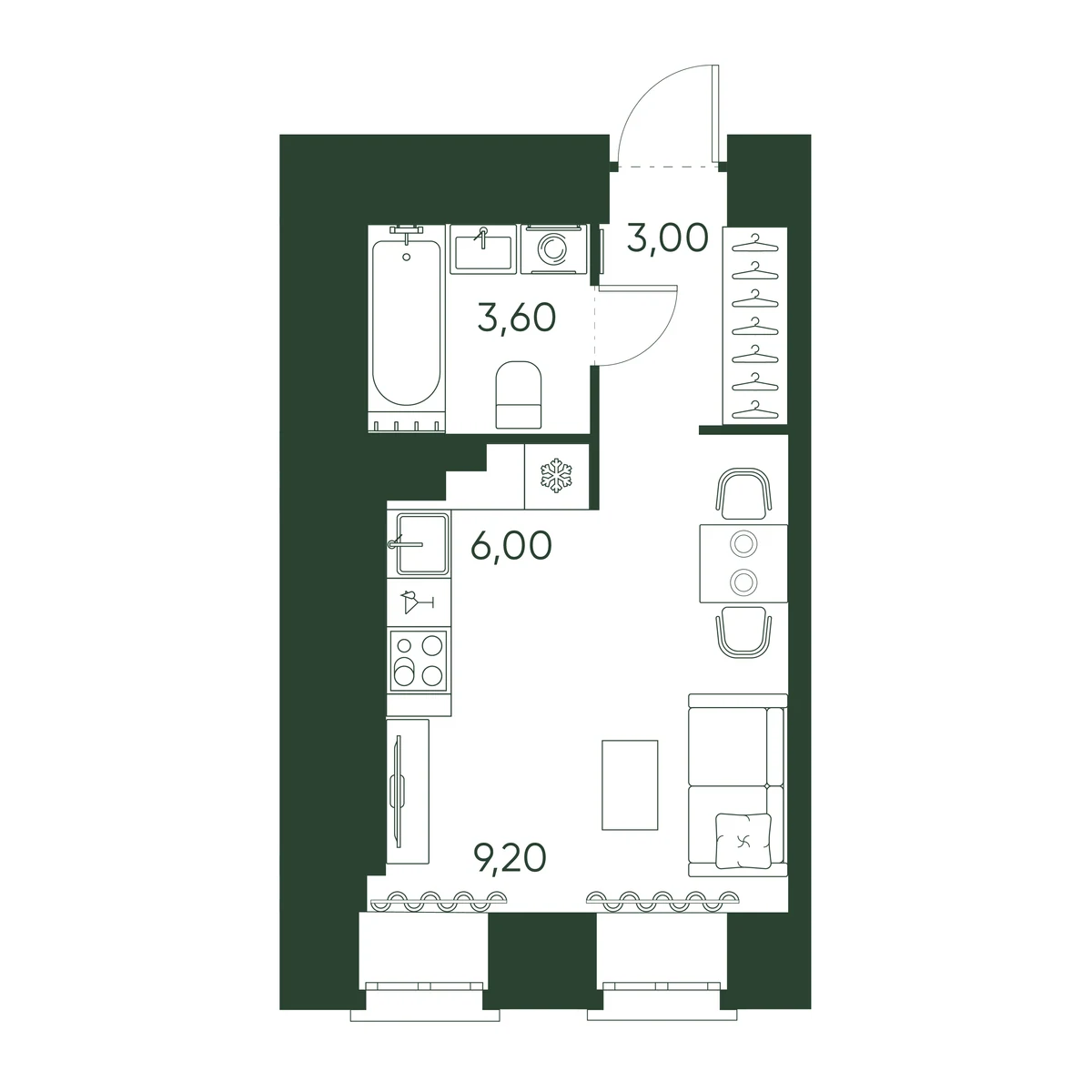 Планировка студия 21,8 м² в ЖК «Моисеенко 10» — Моисеенко 10