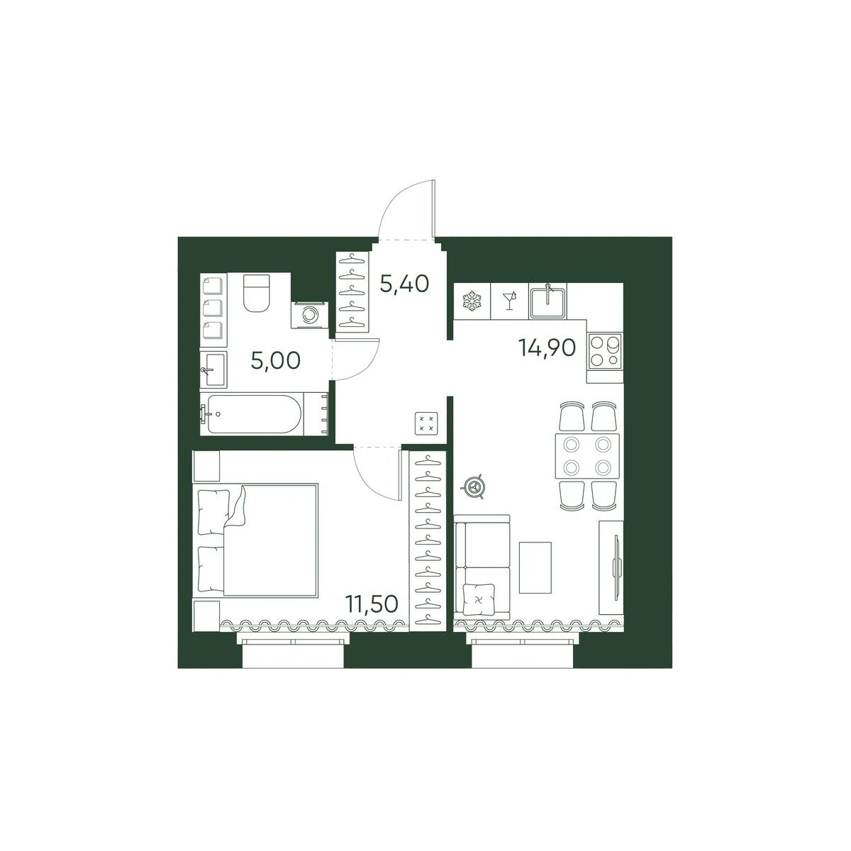 Планировка 1-комнатная 36,8 м² в ЖК «Моисеенко 10» — Моисеенко 10