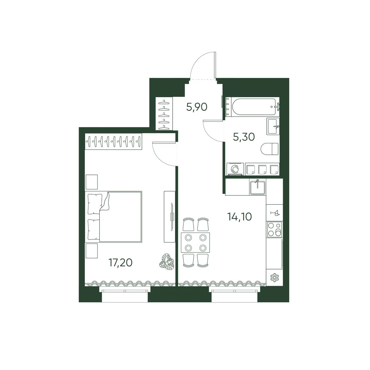 Планировка 1-комнатная 42,5 м² в ЖК «Моисеенко 10» — Моисеенко 10