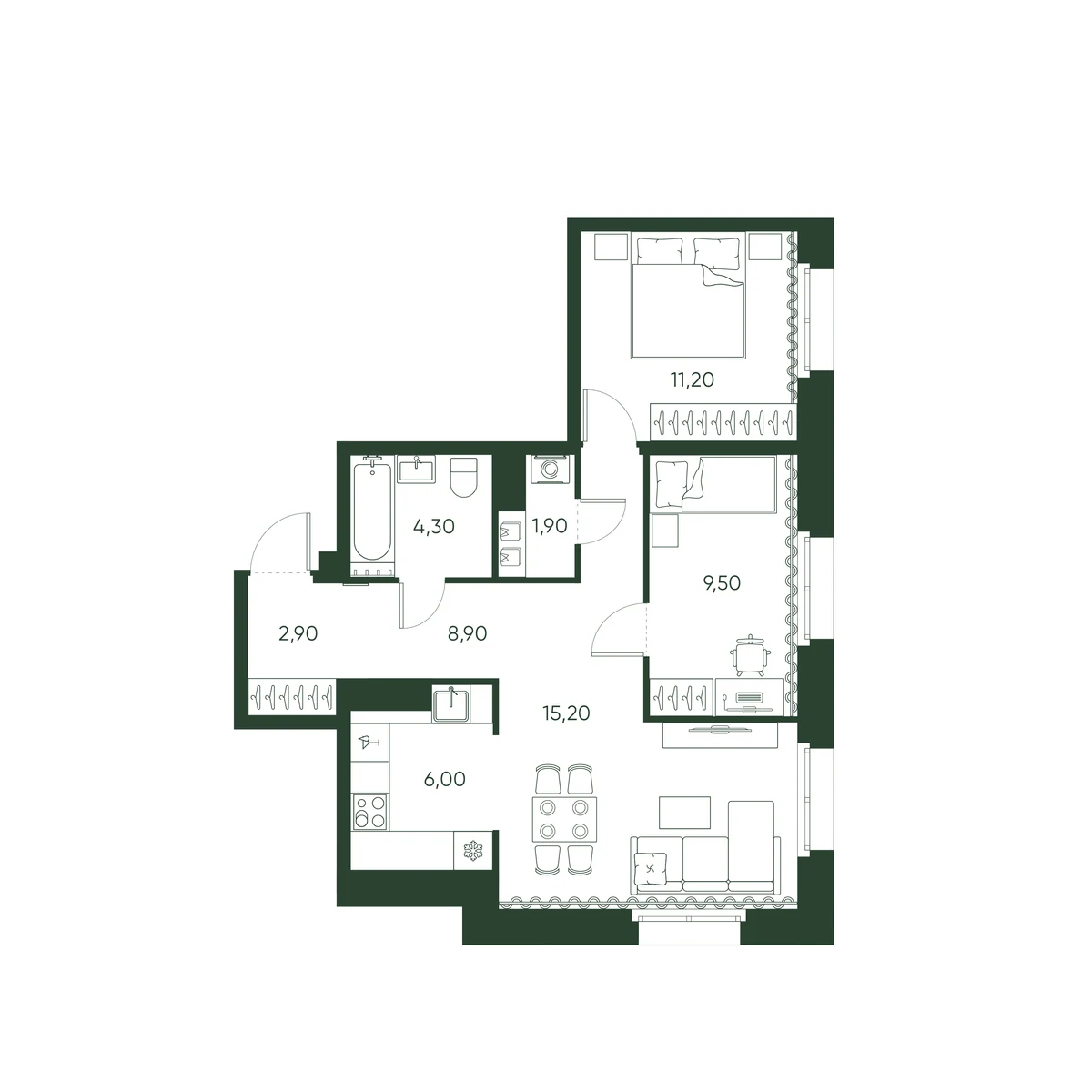 Планировка 2-комнатная 59,9 м² в ЖК «Моисеенко 10» — Моисеенко 10