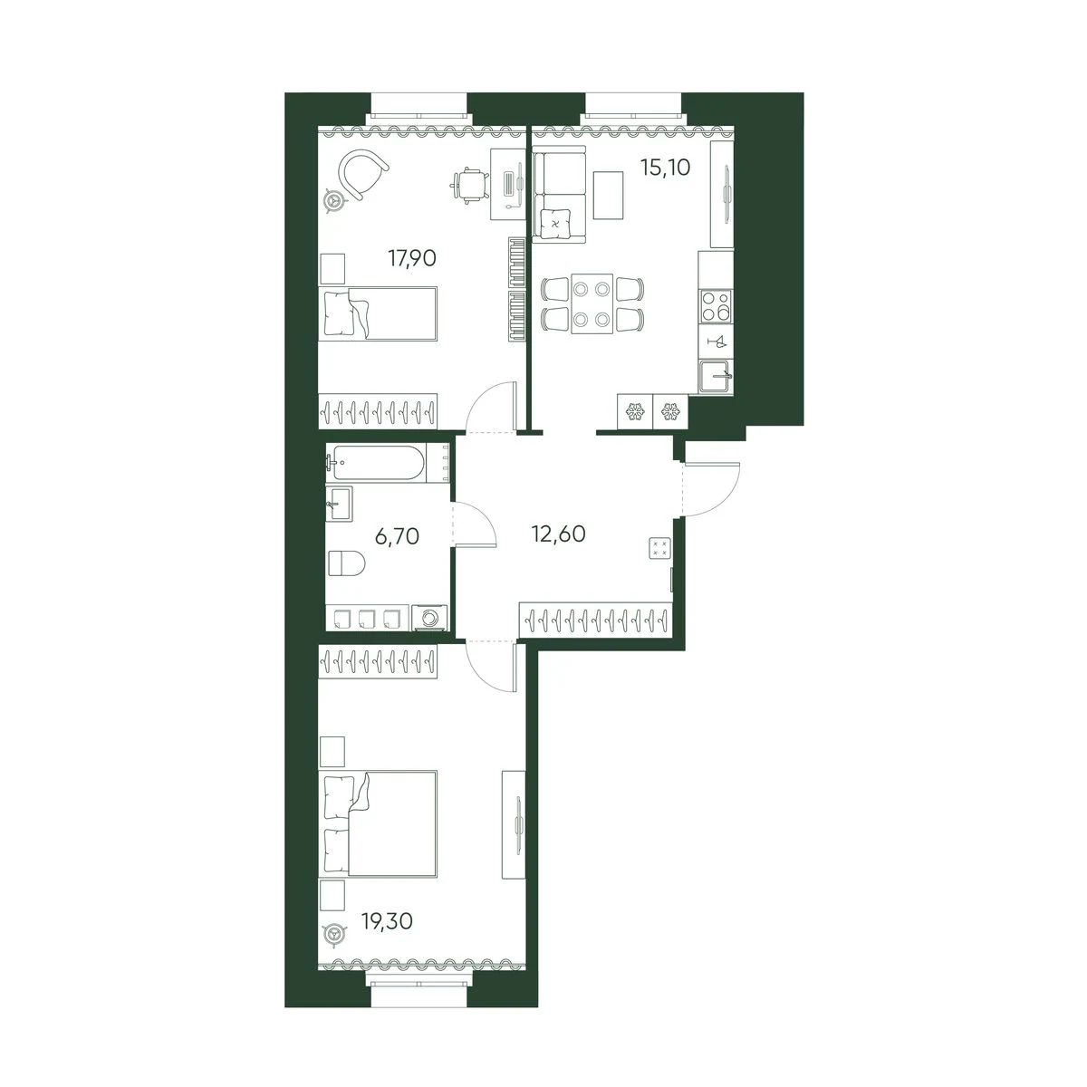 Планировка 2-комнатная 73,4 м² в ЖК «Моисеенко 10» — Моисеенко 10