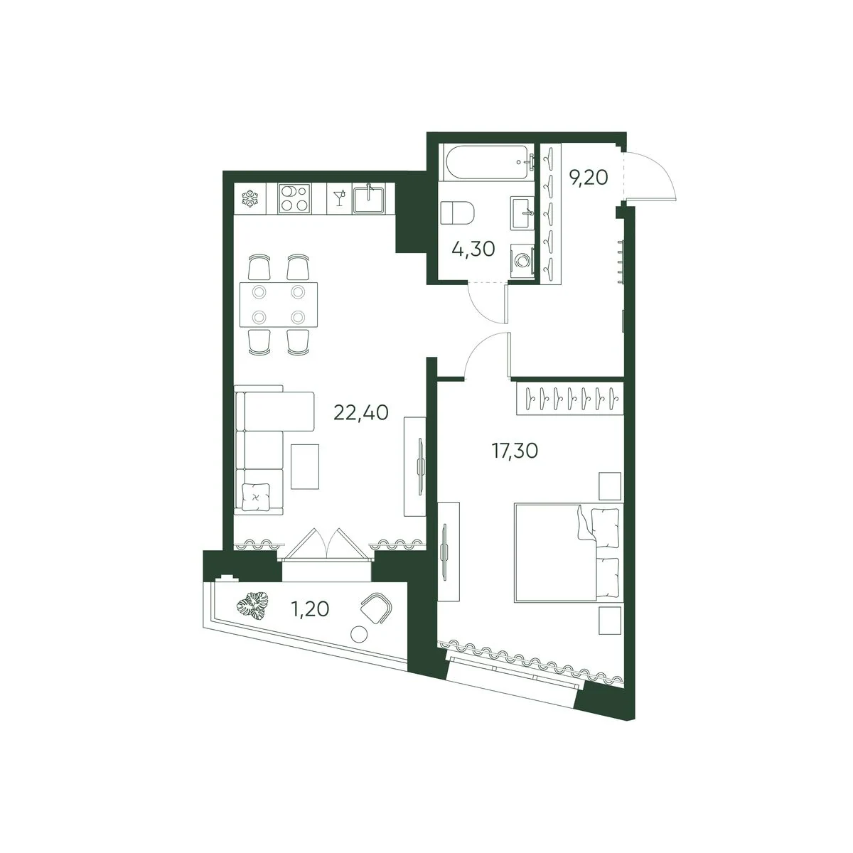 Планировка 1-комнатная 54,4 м² в ЖК «Моисеенко 10» — Моисеенко 10