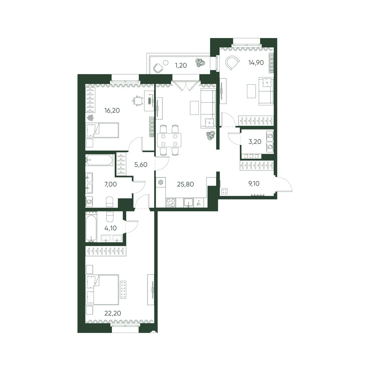 Планировка 3-комнатная 109,3 м² в ЖК «Моисеенко 10» — Моисеенко 10