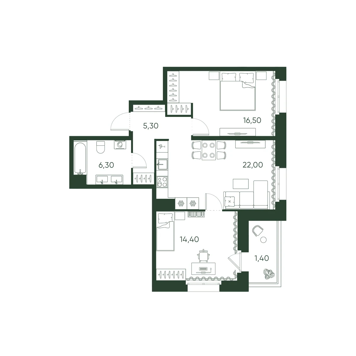 Планировка 2-комнатная 65,9 м² в ЖК «Моисеенко 10» — Моисеенко 10