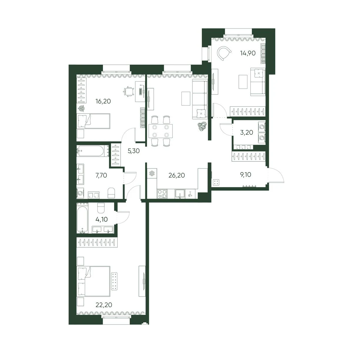 Планировка 3-комнатная 108,9 м² в ЖК «Моисеенко 10» — Моисеенко 10