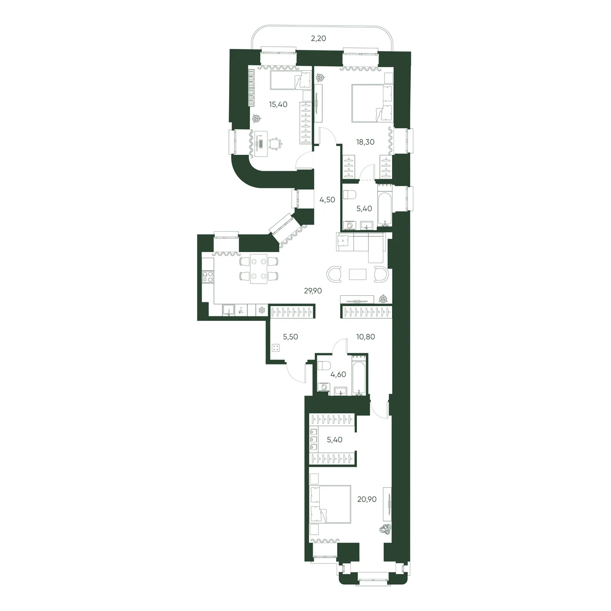 Планировка 3-комнатная 122,9 м² в ЖК «Моисеенко 10» — Моисеенко 10