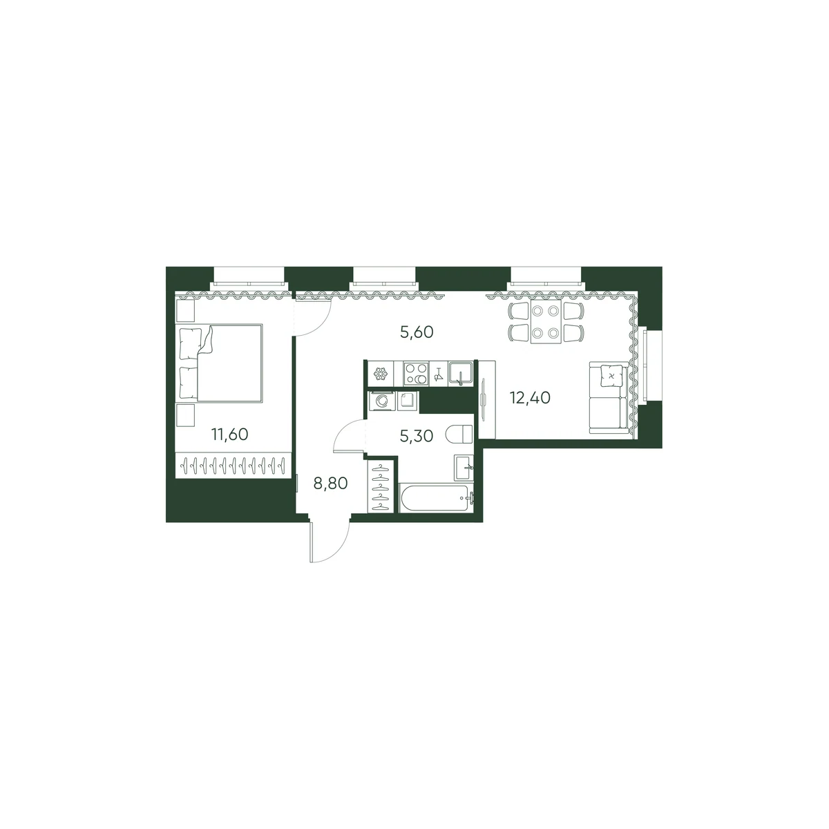 Планировка 1-комнатная 43,7 м² в ЖК «Моисеенко 10» — Моисеенко 10