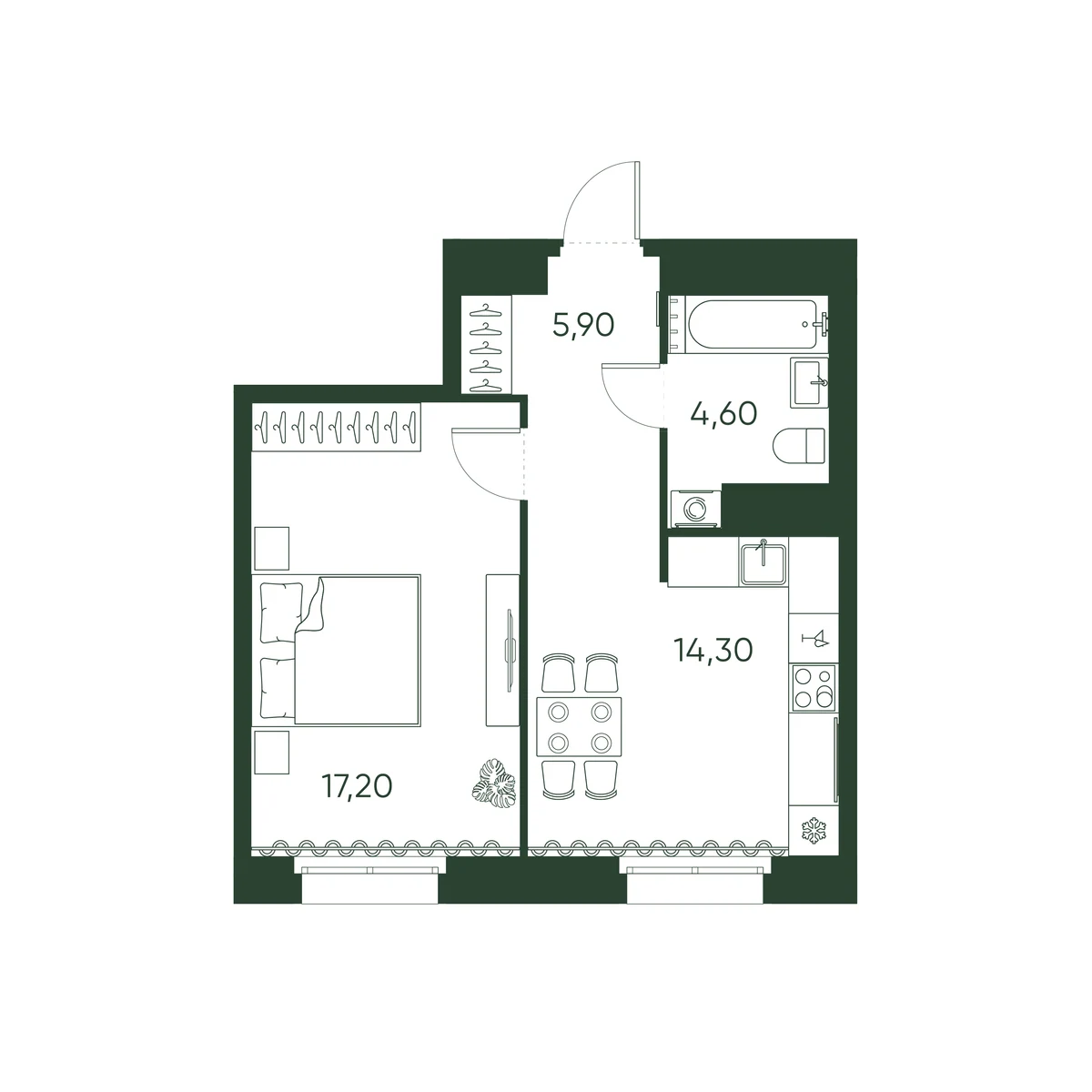 Планировка 1-комнатная 42 м² в ЖК «Моисеенко 10» — Моисеенко 10