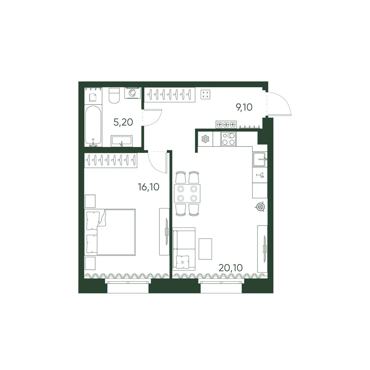 Планировка 1-комнатная 50,5 м² в ЖК «Моисеенко 10» — Моисеенко 10