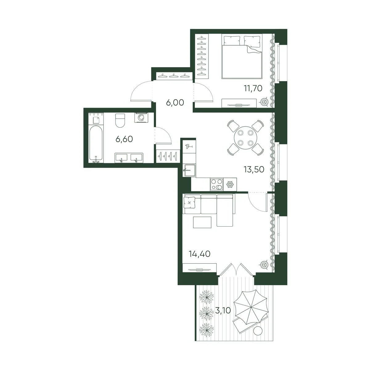 Планировка 2-комнатная 55,3 м² в ЖК «Моисеенко 10» — Моисеенко 10