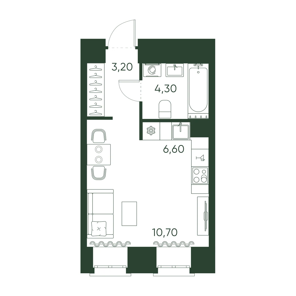 Планировка студия 24,8 м² в ЖК «Моисеенко 10» — Моисеенко 10