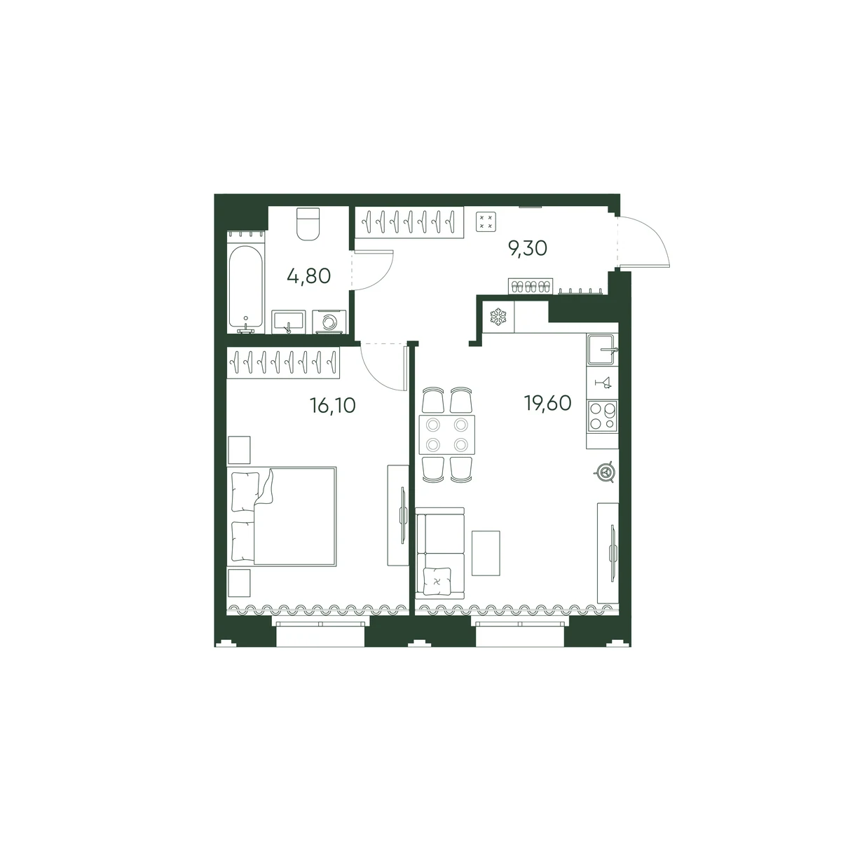 Планировка 1-комнатная 49,8 м² в ЖК «Моисеенко 10» — Моисеенко 10