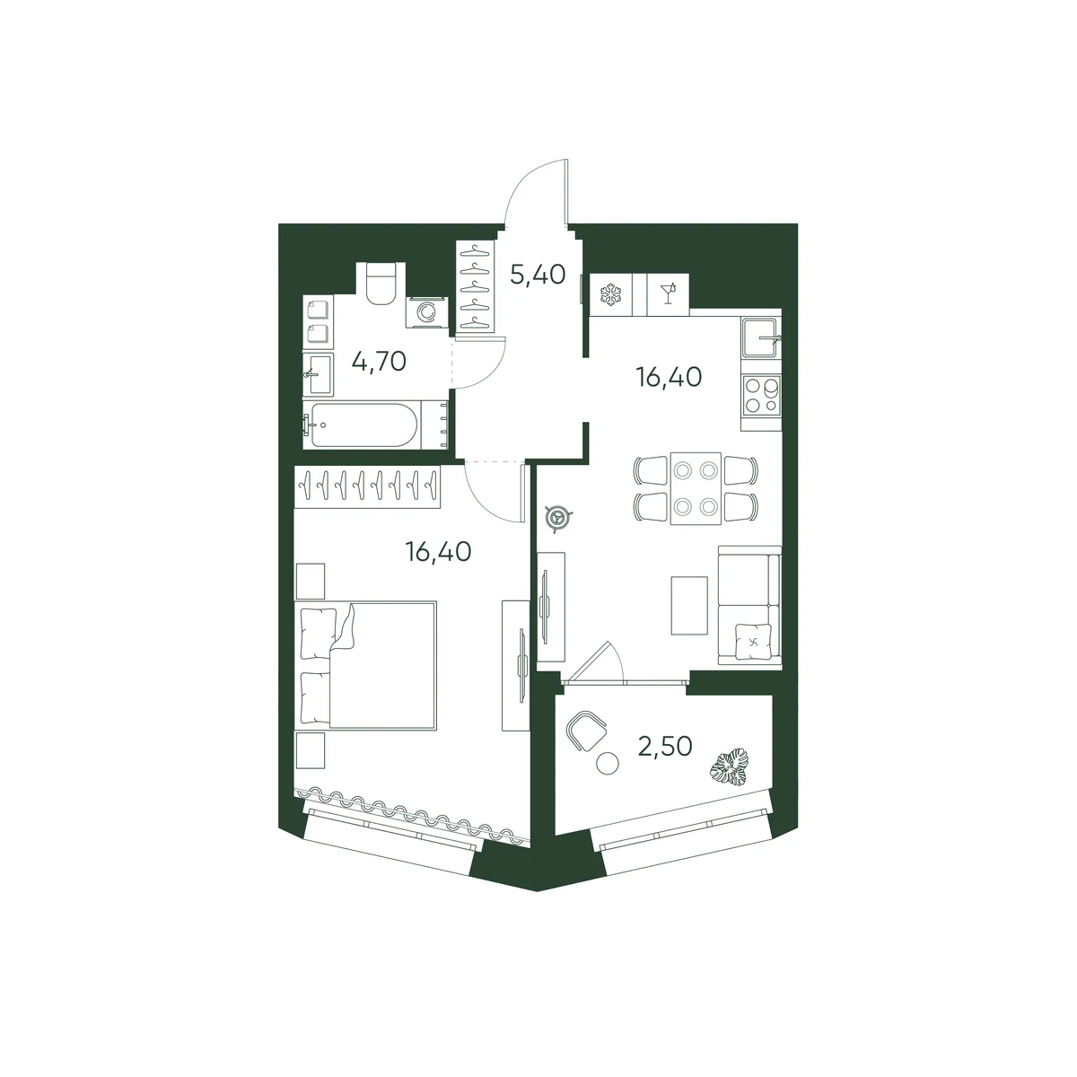 Планировка 1-комнатная 45,4 м² в ЖК «Моисеенко 10» — Моисеенко 10