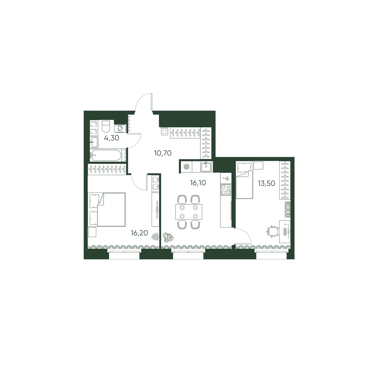 Планировка 2-комнатная 60,8 м² в ЖК «Моисеенко 10» — Моисеенко 10