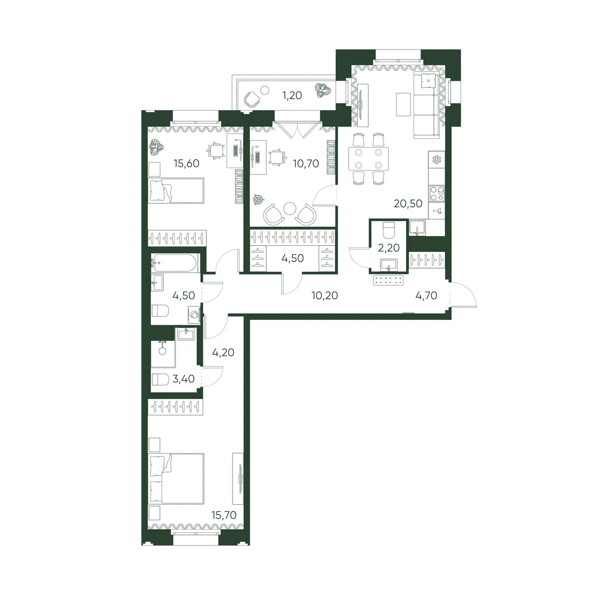 Планировка 3-комнатная 97,4 м² в ЖК «Моисеенко 10» — Моисеенко 10