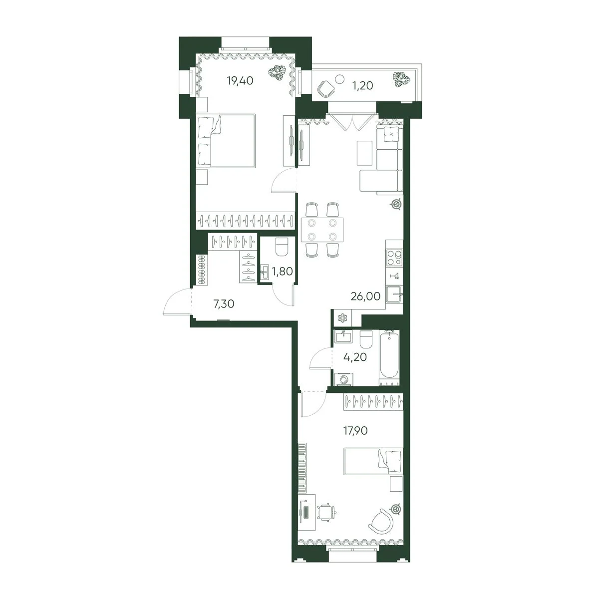 Планировка 2-комнатная 77,8 м² в ЖК «Моисеенко 10» — Моисеенко 10