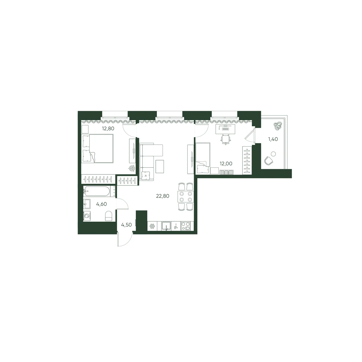 Планировка 2-комнатная 58,1 м² в ЖК «Моисеенко 10» — Моисеенко 10
