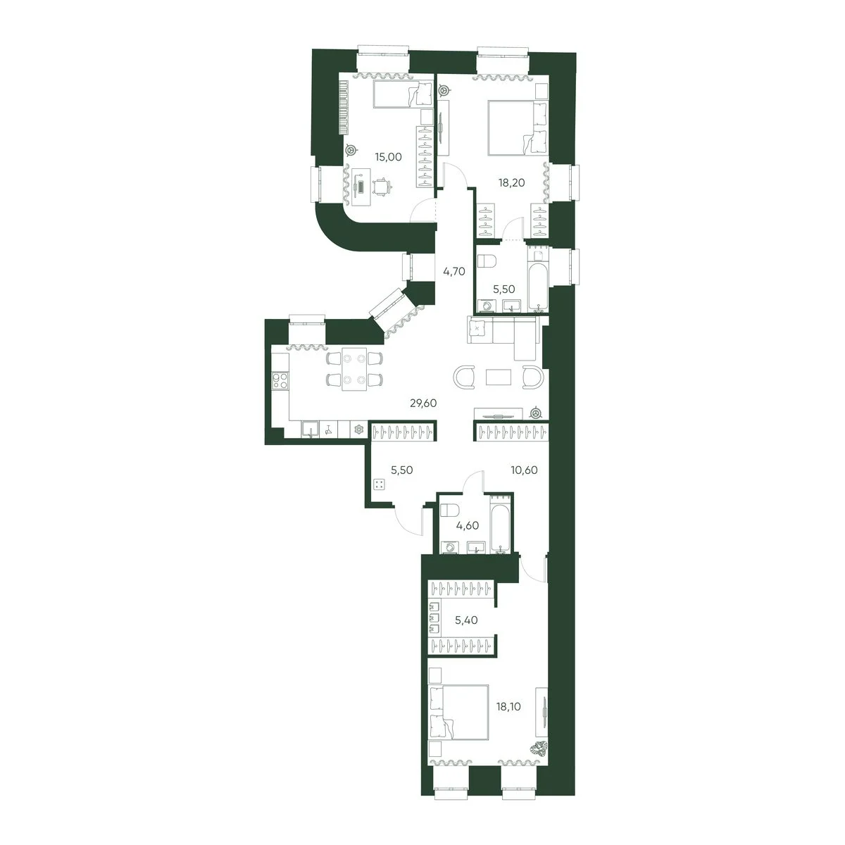 Планировка 3-комнатная 117,2 м² в ЖК «Моисеенко 10» — Моисеенко 10