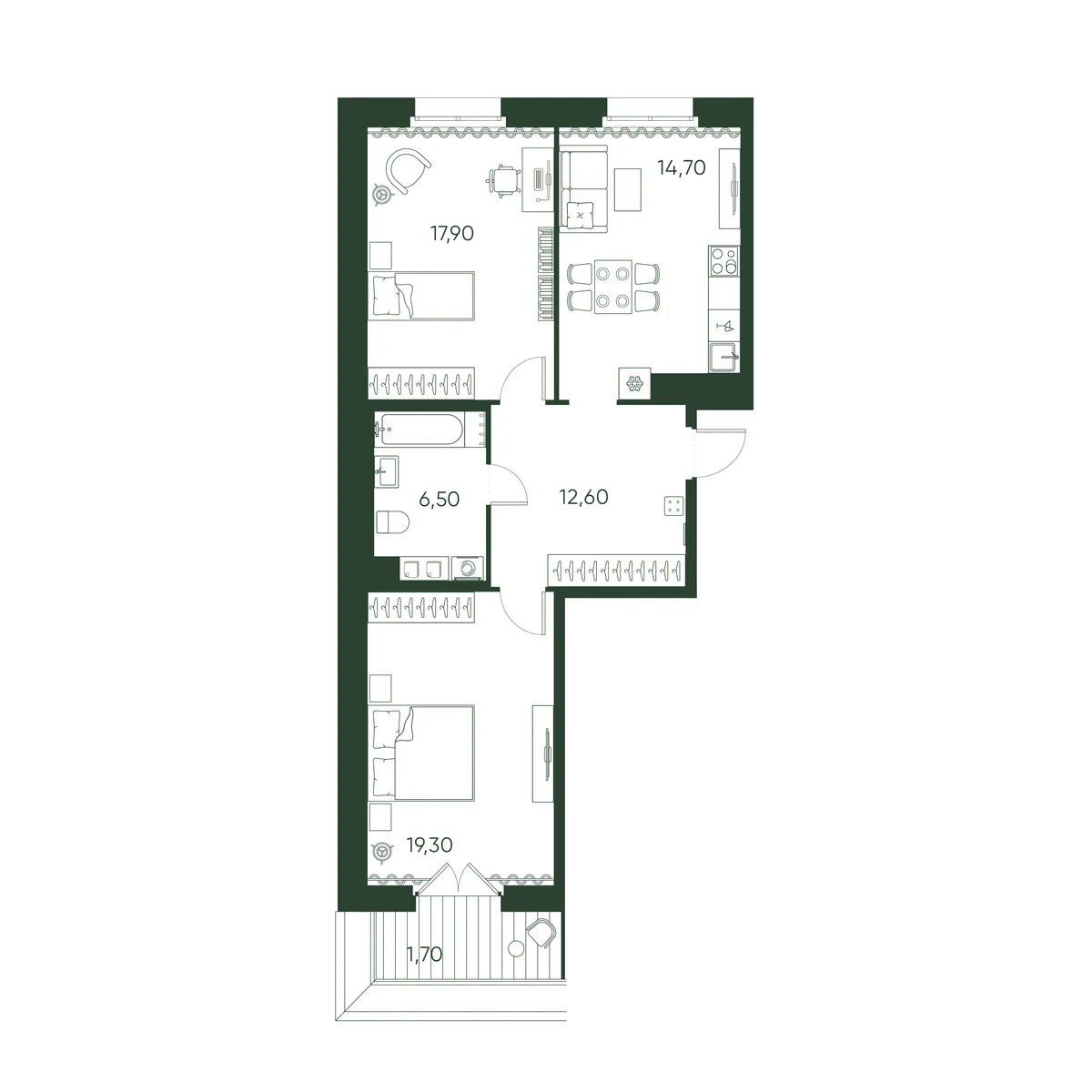 Планировка 2-комнатная 72,7 м² в ЖК «Моисеенко 10» — Моисеенко 10