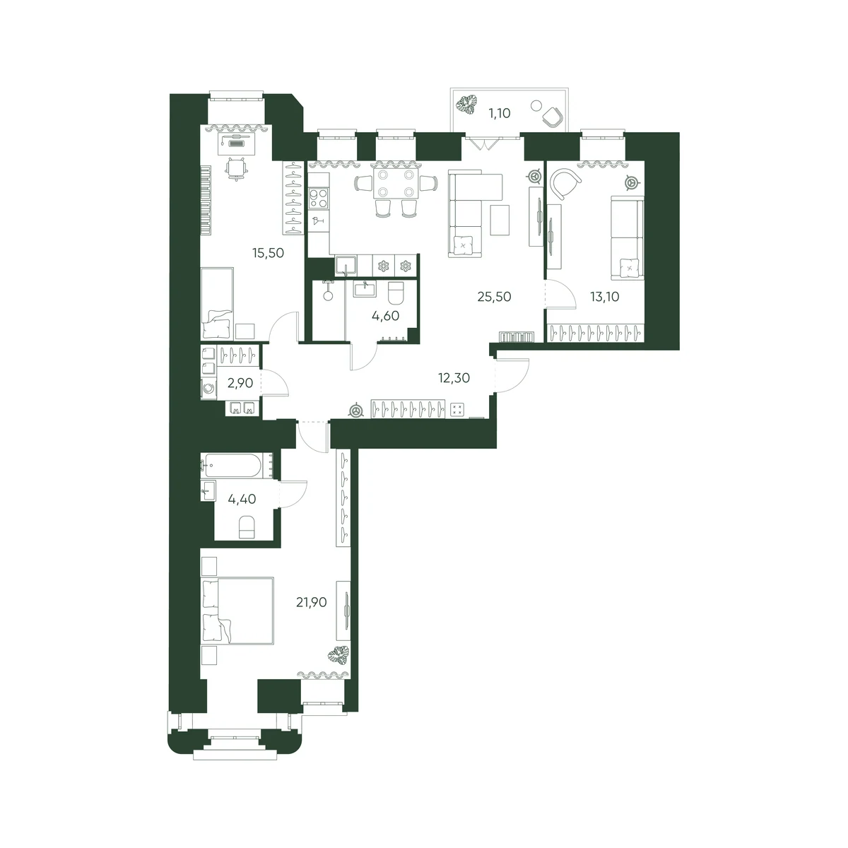 Планировка 3-комнатная 101,3 м² в ЖК «Моисеенко 10» — Моисеенко 10