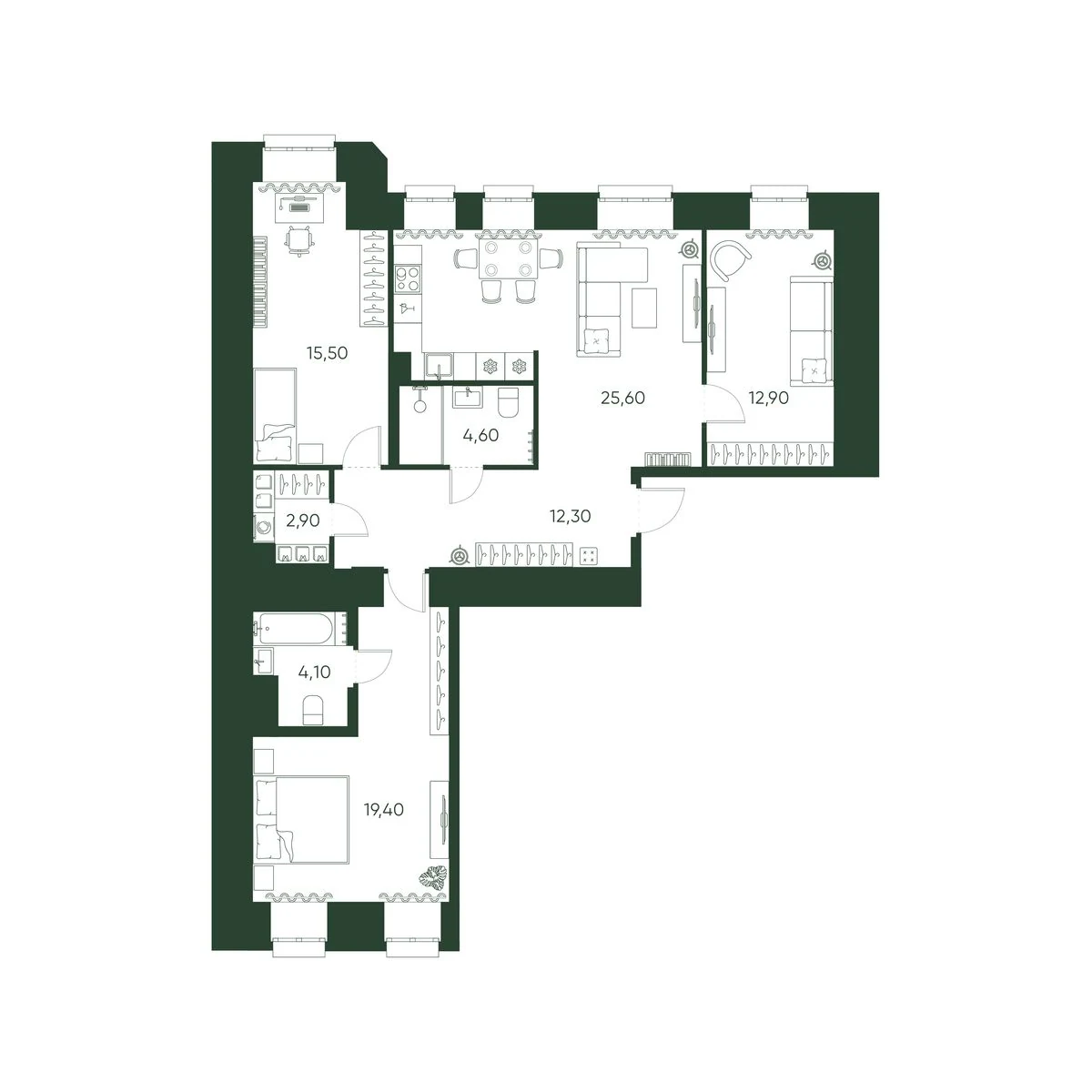 Планировка 3-комнатная 97,3 м² в ЖК «Моисеенко 10» — Моисеенко 10