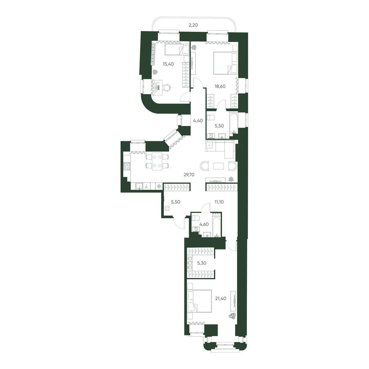Планировка 3-комнатная 123,6 м² в ЖК «Моисеенко 10» — Моисеенко 10