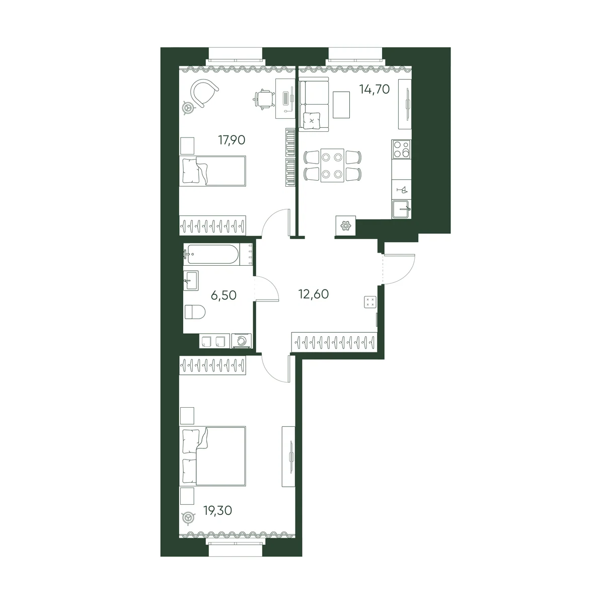 Планировка 2-комнатная 71 м² в ЖК «Моисеенко 10» — Моисеенко 10