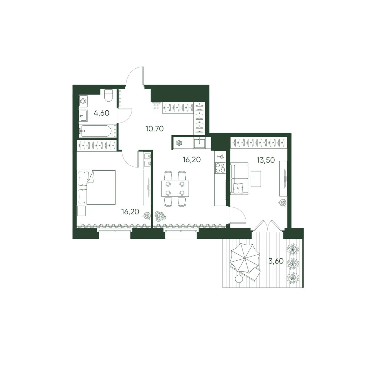 Планировка 2-комнатная 64,8 м² в ЖК «Моисеенко 10» — Моисеенко 10