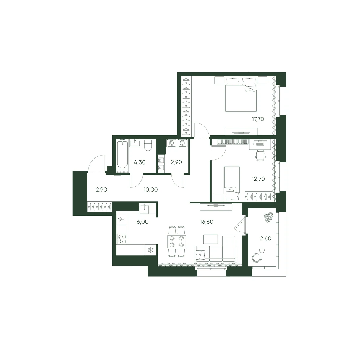 Планировка 2-комнатная 75,7 м² в ЖК «Моисеенко 10» — Моисеенко 10