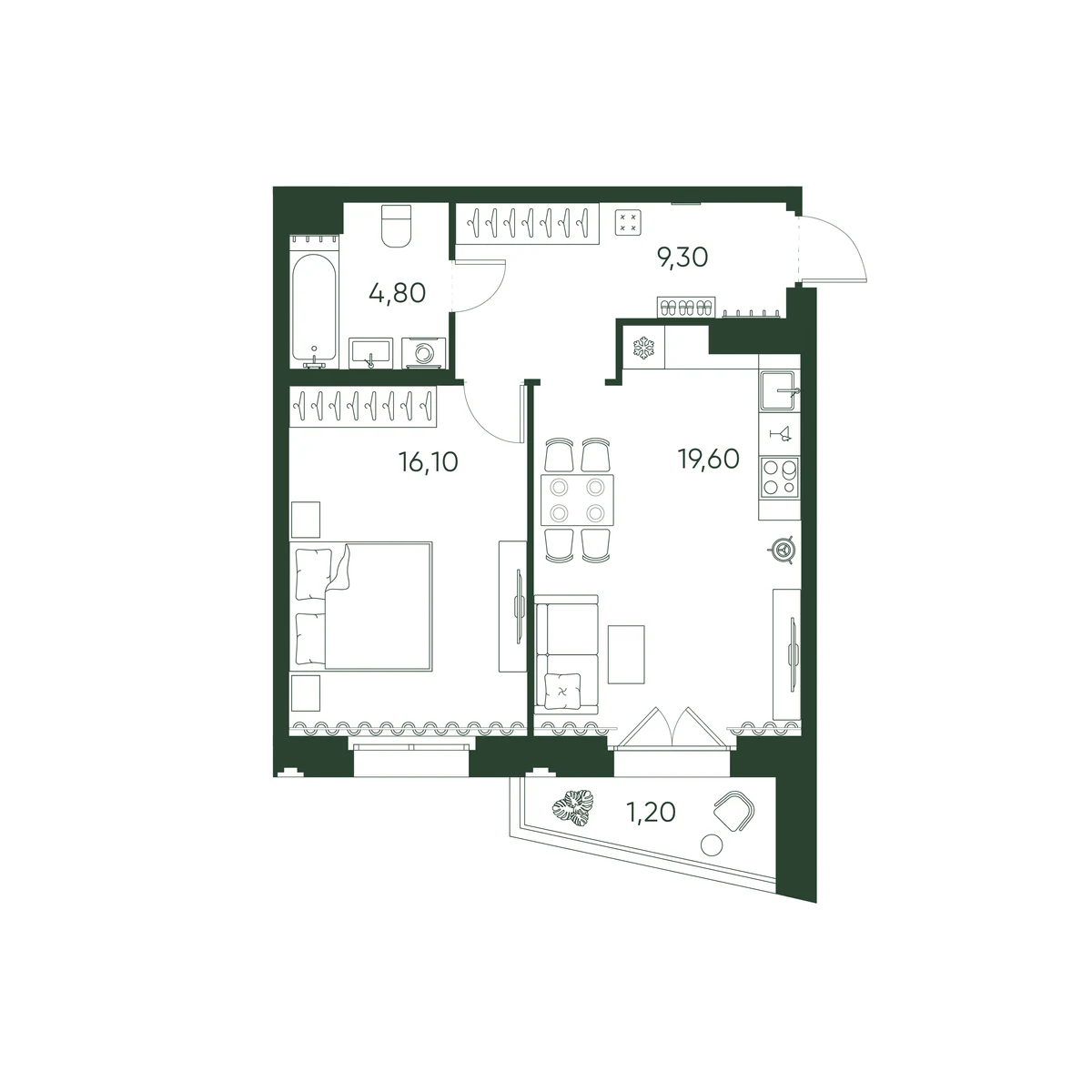 Планировка 1-комнатная 51 м² в ЖК «Моисеенко 10» — Моисеенко 10